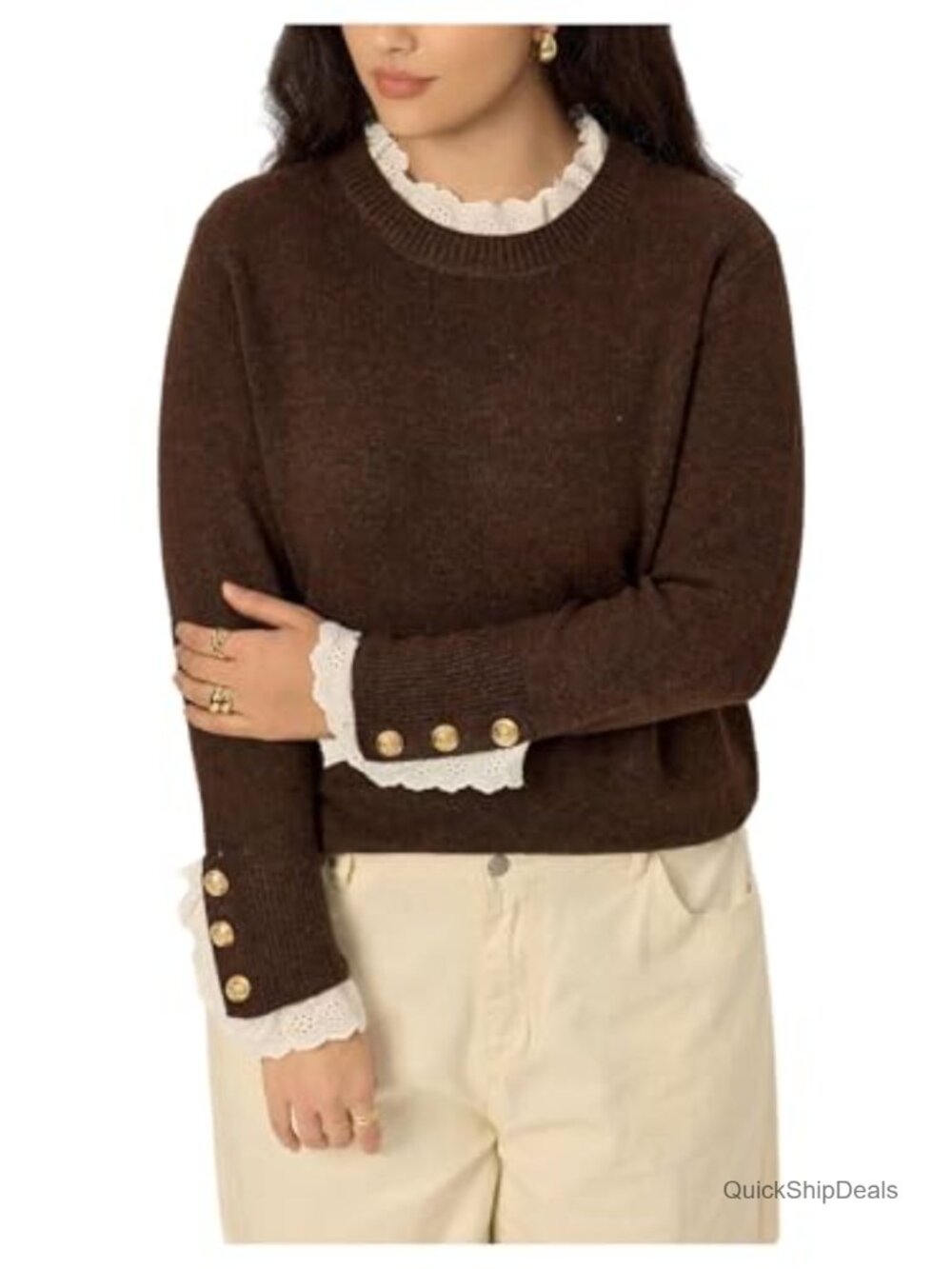 MakeMeChic Womens Plus Size Lace Trim Sweater Long Sleeve Pullover Top